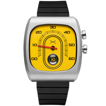 Load image into Gallery viewer, Watch with a yellow face and black strap on a white background