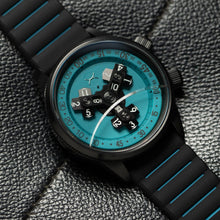 Load image into Gallery viewer, Xeric Vendetta II Automatic Wandering Hour Black Cyan Lume
